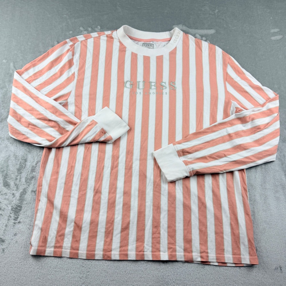 Guess Los Angeles Men's Large Peach White Striped Long Sleeve T-Shirt